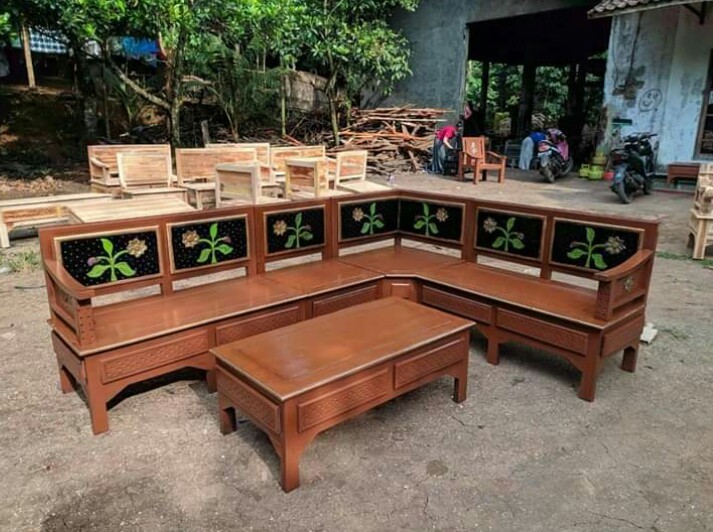 Kursi Meja tamu sudut latter L kayu jati ukiran jepara - 32